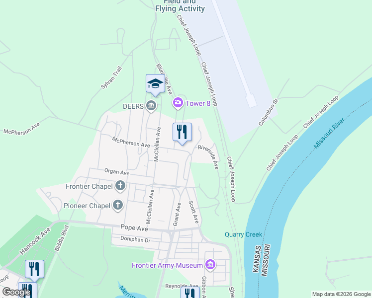 map of restaurants, bars, coffee shops, grocery stores, and more near 410 McPherson Avenue in Fort Leavenworth