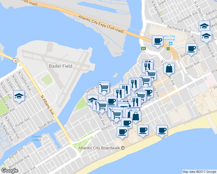 map of restaurants, bars, coffee shops, grocery stores, and more near 2901 Sunset Avenue in Atlantic City