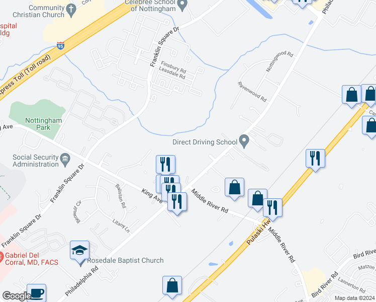 map of restaurants, bars, coffee shops, grocery stores, and more near 82 King Charles Circle in Rosedale