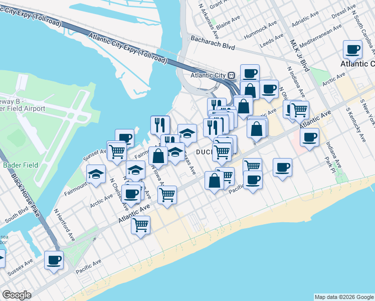 map of restaurants, bars, coffee shops, grocery stores, and more near 2523 Arctic Avenue in Atlantic City
