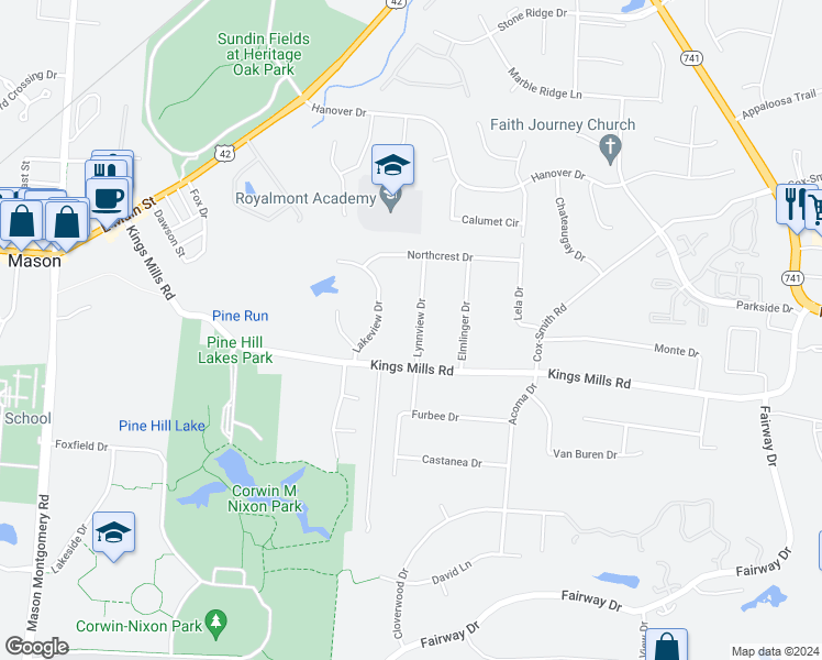 map of restaurants, bars, coffee shops, grocery stores, and more near 109 Lynnview Drive in Mason