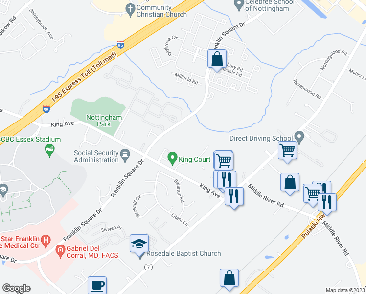 map of restaurants, bars, coffee shops, grocery stores, and more near 12 Guinevere Court in Rosedale