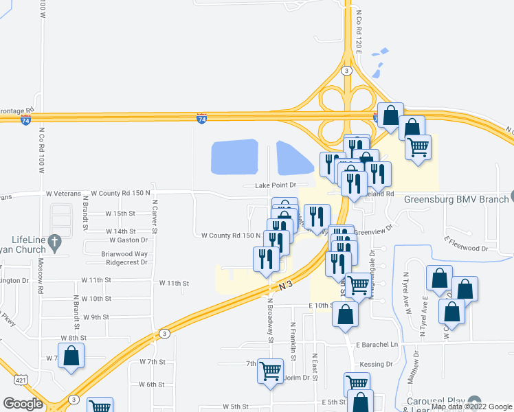map of restaurants, bars, coffee shops, grocery stores, and more near 101 West Edgewater Drive in Greensburg