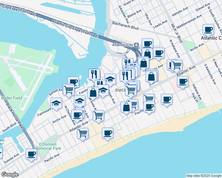 map of restaurants, bars, coffee shops, grocery stores, and more near 2523 Arctic Avenue in Atlantic City