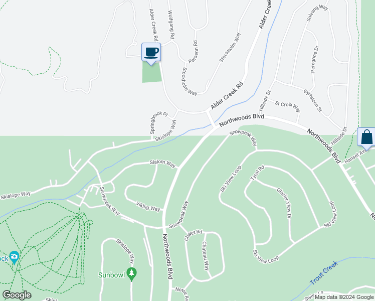map of restaurants, bars, coffee shops, grocery stores, and more near 14077 Northwoods Boulevard in Truckee