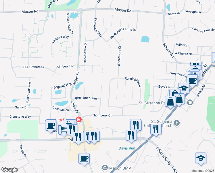 map of restaurants, bars, coffee shops, grocery stores, and more near 5753 Running Fox Lane in Mason