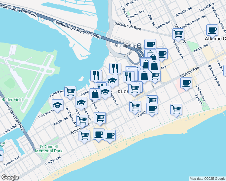 map of restaurants, bars, coffee shops, grocery stores, and more near 114 North Florida Avenue in Atlantic City