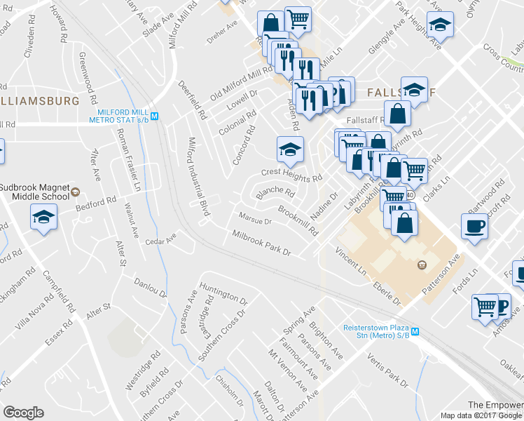 map of restaurants, bars, coffee shops, grocery stores, and more near 6971 Brookmill Road in Baltimore