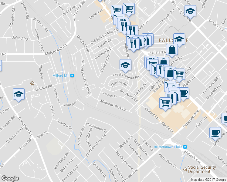 map of restaurants, bars, coffee shops, grocery stores, and more near 6971 Brookmill Road in Baltimore