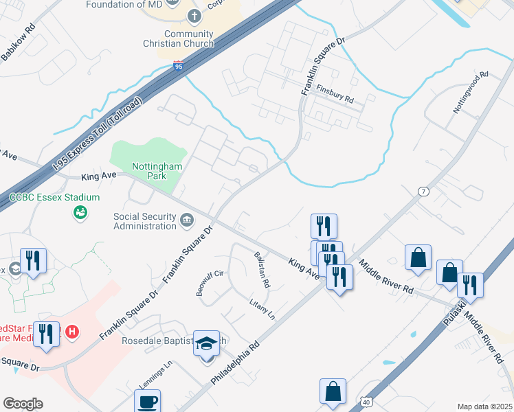map of restaurants, bars, coffee shops, grocery stores, and more near 31 Guinevere Court in Rosedale
