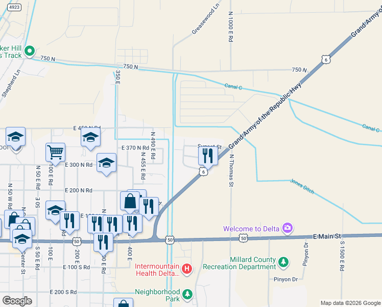 map of restaurants, bars, coffee shops, grocery stores, and more near 644 Sunset Street in Delta
