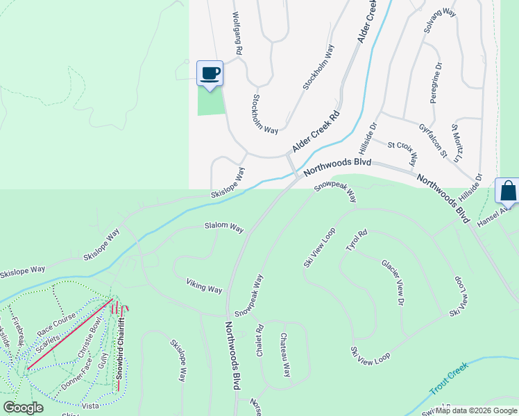 map of restaurants, bars, coffee shops, grocery stores, and more near 14047 Northwoods Boulevard in Truckee
