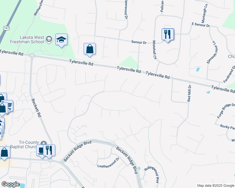 map of restaurants, bars, coffee shops, grocery stores, and more near 5364 Crossbridge Drive in Beckett Ridge