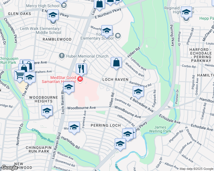 map of restaurants, bars, coffee shops, grocery stores, and more near 1658 East Belvedere Avenue in Baltimore
