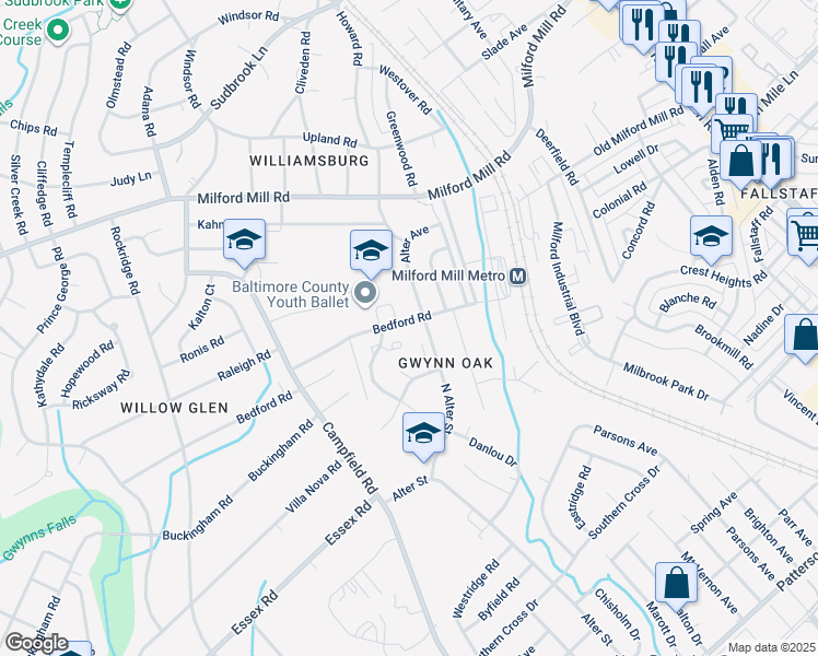 map of restaurants, bars, coffee shops, grocery stores, and more near 4315 Bedford Road in Pikesville