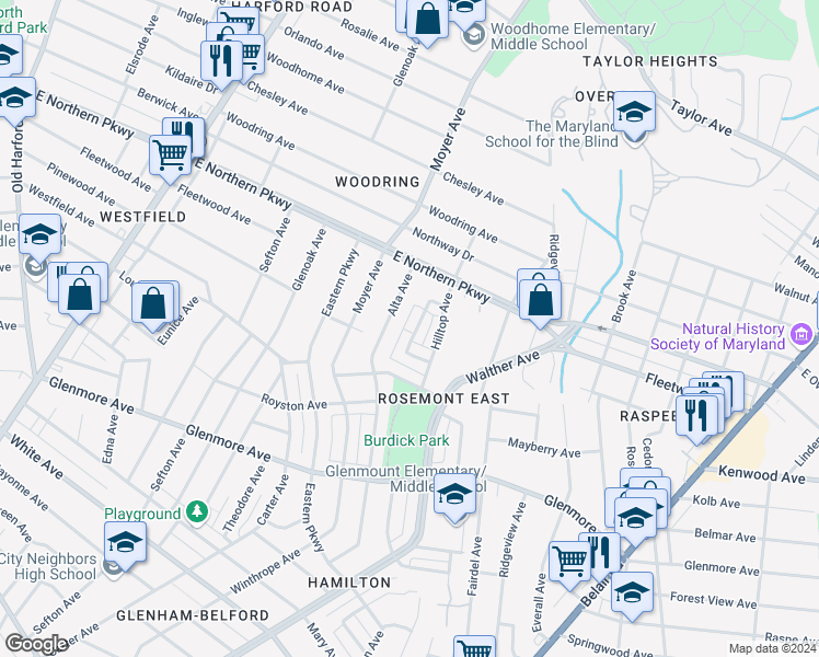 map of restaurants, bars, coffee shops, grocery stores, and more near 6516 Belle Vista Avenue in Baltimore