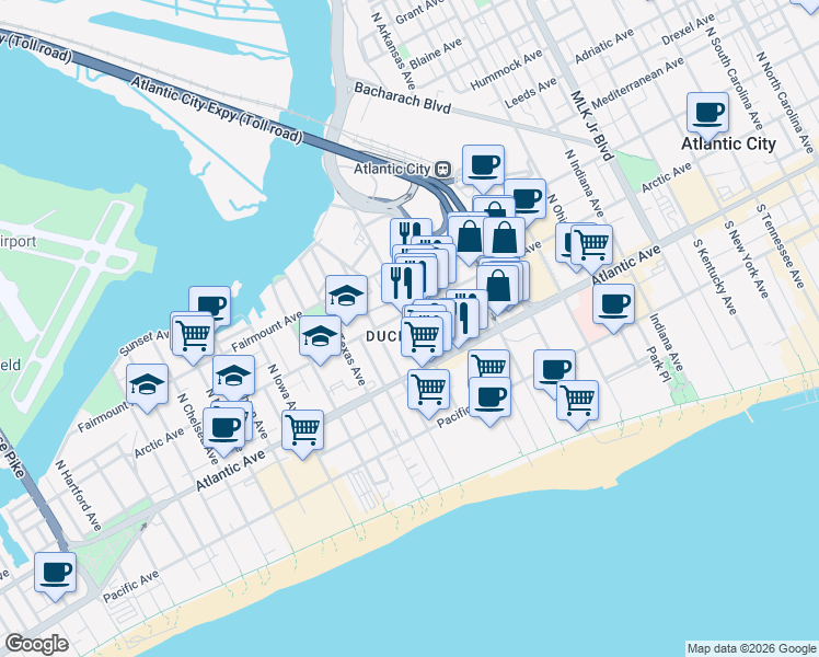 map of restaurants, bars, coffee shops, grocery stores, and more near in Atlantic City