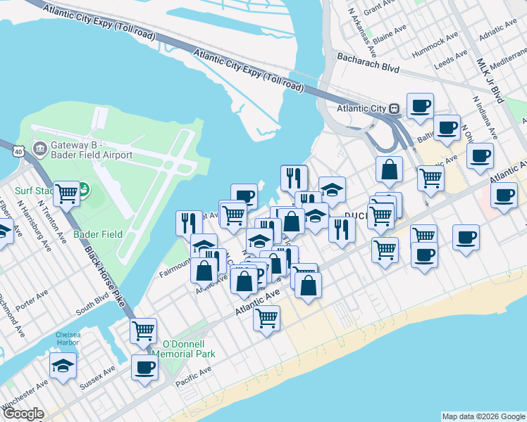map of restaurants, bars, coffee shops, grocery stores, and more near 206 North Iowa Avenue in Atlantic City