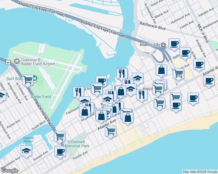 map of restaurants, bars, coffee shops, grocery stores, and more near 206 North Iowa Avenue in Atlantic City