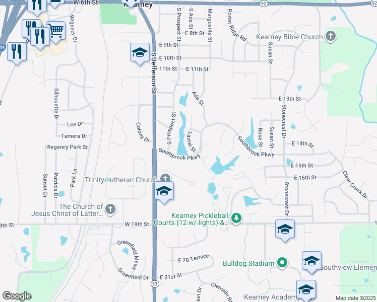 map of restaurants, bars, coffee shops, grocery stores, and more near 1501 Laurel Street in Kearney