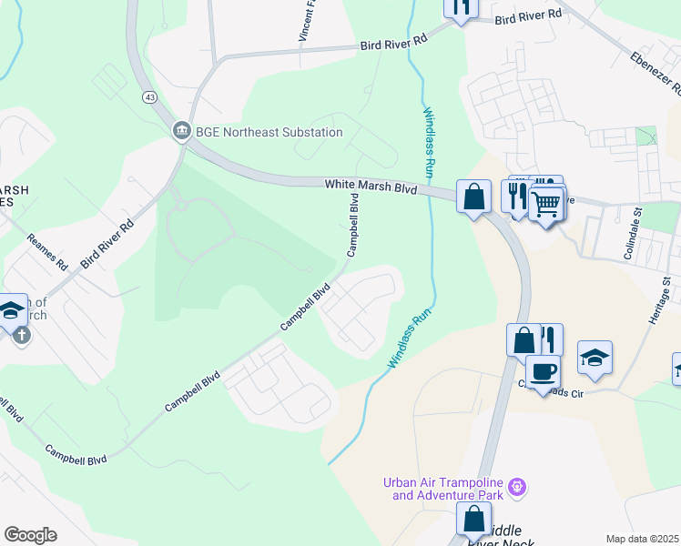 map of restaurants, bars, coffee shops, grocery stores, and more near 10440 Campbell Boulevard in Middle River