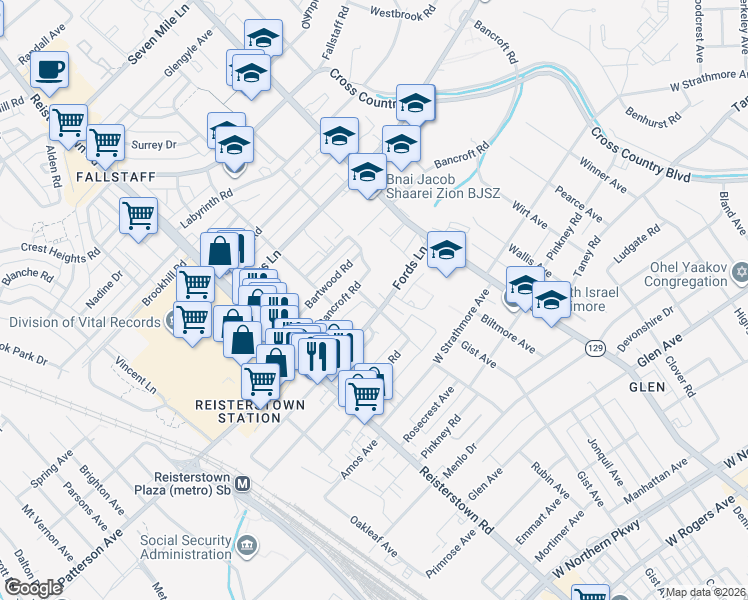 map of restaurants, bars, coffee shops, grocery stores, and more near 3712 Fords Lane in Baltimore