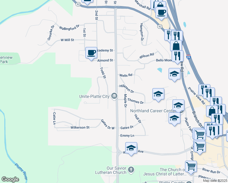map of restaurants, bars, coffee shops, grocery stores, and more near 1601 Todd Street in Platte City