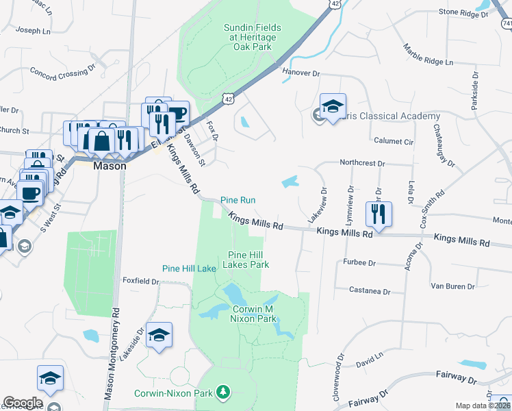 map of restaurants, bars, coffee shops, grocery stores, and more near 208 Kings Mills Road in Mason