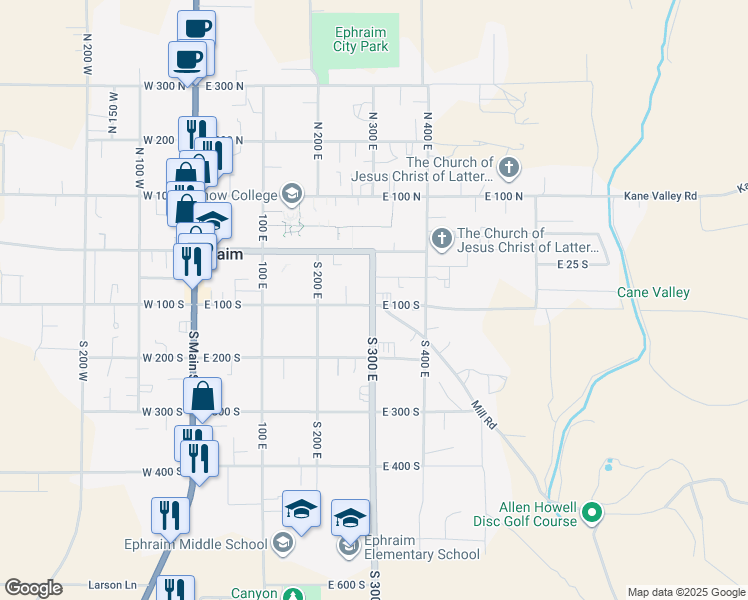 map of restaurants, bars, coffee shops, grocery stores, and more near 67 South 300 East in Ephraim