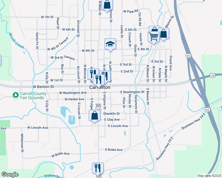 map of restaurants, bars, coffee shops, grocery stores, and more near 200 East Benton Street in Carrollton