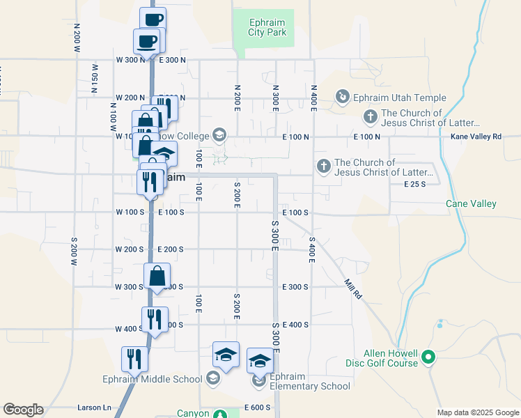 map of restaurants, bars, coffee shops, grocery stores, and more near 263 East 100 South in Ephraim