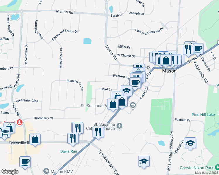 map of restaurants, bars, coffee shops, grocery stores, and more near 204 Boyd Lane in Mason