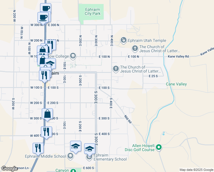map of restaurants, bars, coffee shops, grocery stores, and more near 383 East 100 South in Ephraim