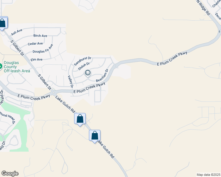 map of restaurants, bars, coffee shops, grocery stores, and more near 2538 Valley Oak Road in Castle Rock