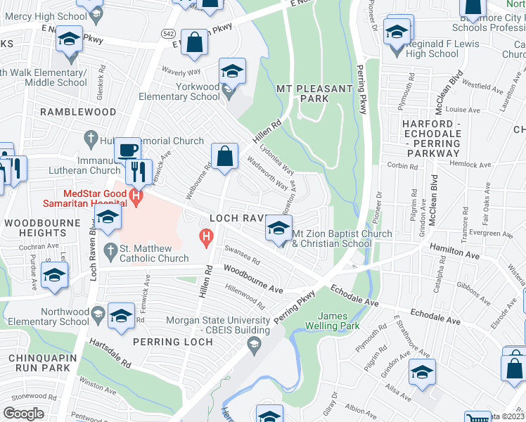 map of restaurants, bars, coffee shops, grocery stores, and more near 1905 Ramblewood Rd in Baltimore