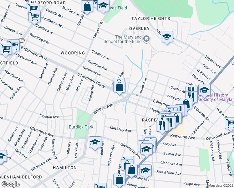 map of restaurants, bars, coffee shops, grocery stores, and more near 3611 East Northern Parkway in Baltimore