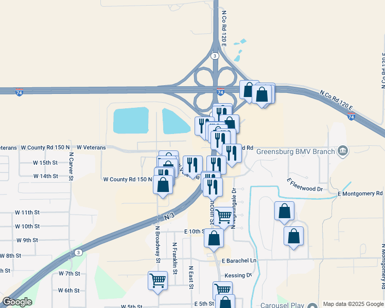 map of restaurants, bars, coffee shops, grocery stores, and more near 2211 Indiana 3 in Greensburg