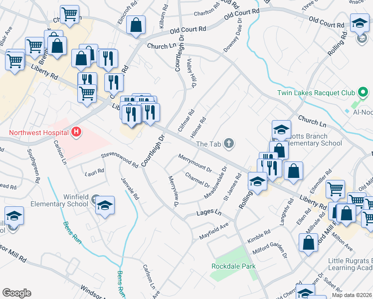 map of restaurants, bars, coffee shops, grocery stores, and more near 8403 Liberty Road in Milford Mill