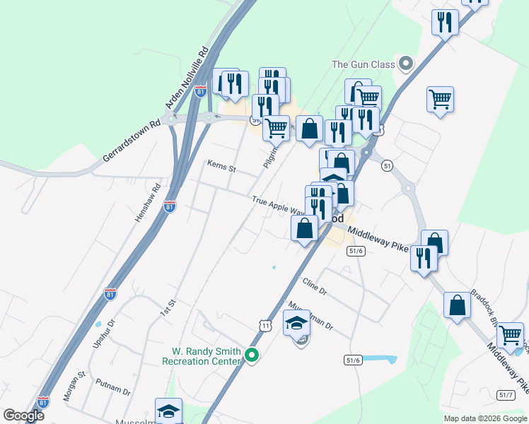 map of restaurants, bars, coffee shops, grocery stores, and more near 219 True Apple Way in Inwood