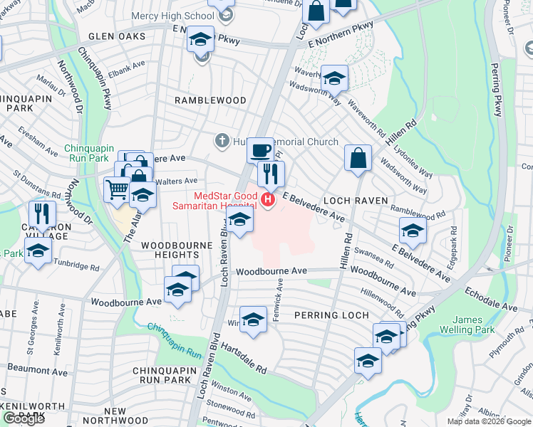 map of restaurants, bars, coffee shops, grocery stores, and more near 5601 Loch Raven Boulevard in Baltimore