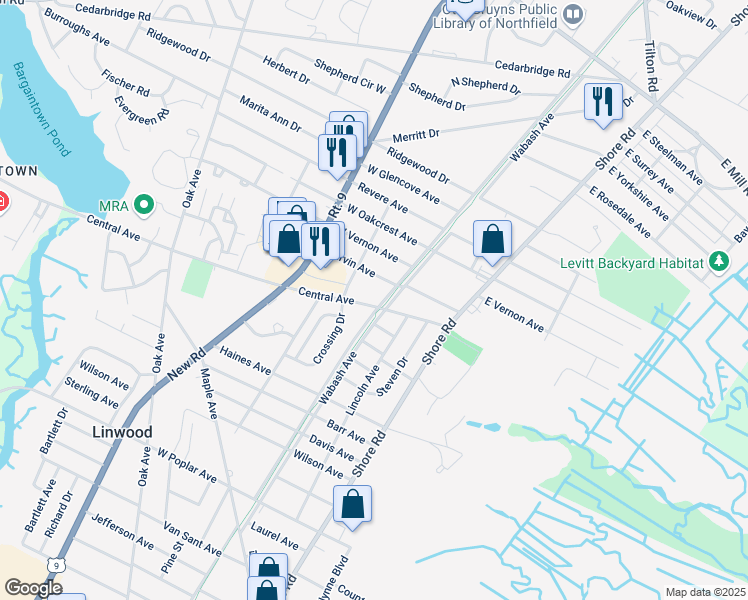 map of restaurants, bars, coffee shops, grocery stores, and more near 135 Wabash Avenue in Linwood