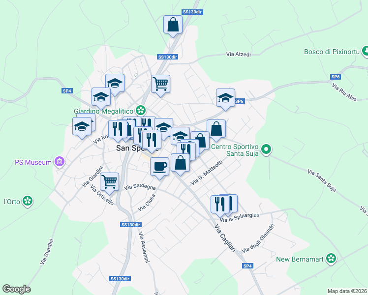 map of restaurants, bars, coffee shops, grocery stores, and more near 26 Via Carbonia in San Sperate