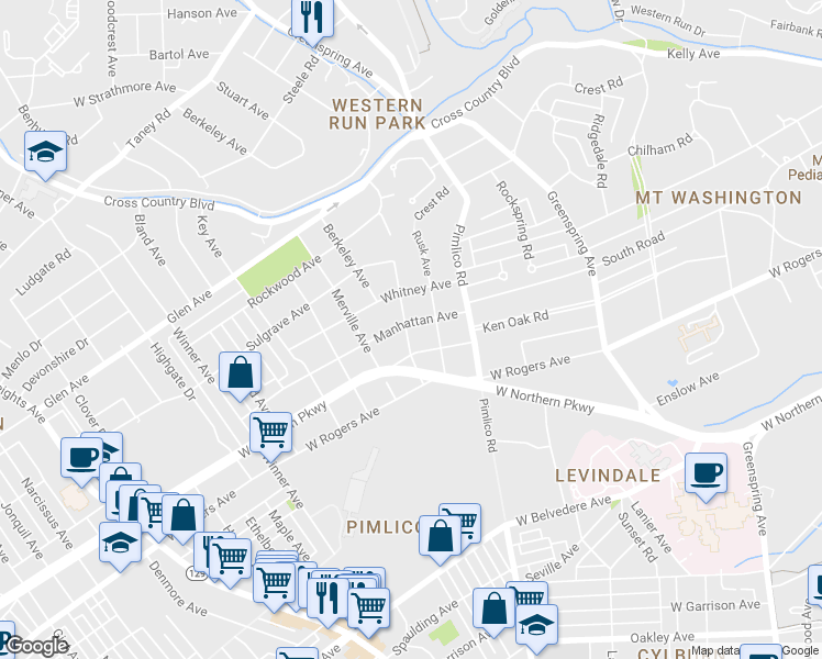 map of restaurants, bars, coffee shops, grocery stores, and more near 2611 Manhattan Avenue in Baltimore