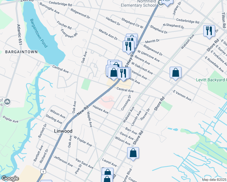 map of restaurants, bars, coffee shops, grocery stores, and more near 212 New Road in Linwood