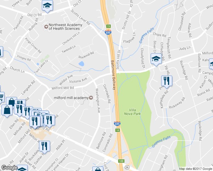 map of restaurants, bars, coffee shops, grocery stores, and more near 3819 Coronado Road in Milford Mill