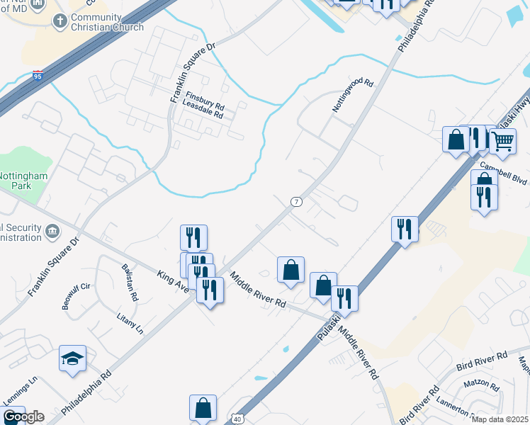 map of restaurants, bars, coffee shops, grocery stores, and more near 7 King Richard Court in Rosedale
