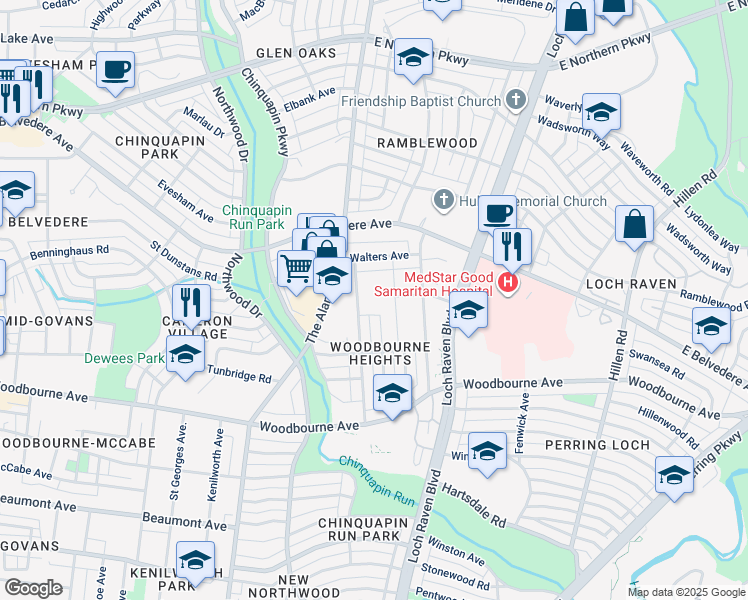 map of restaurants, bars, coffee shops, grocery stores, and more near 5657 Purdue Avenue in Baltimore