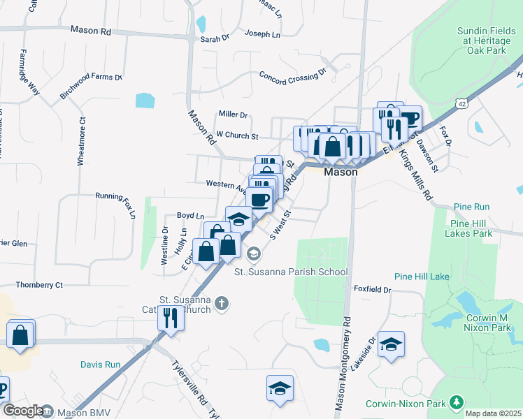 map of restaurants, bars, coffee shops, grocery stores, and more near 311 Reading Rd in Mason