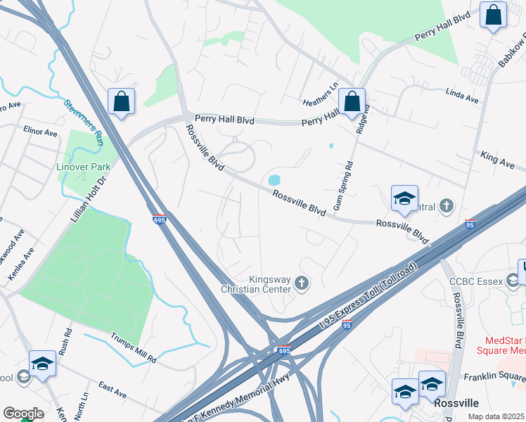 map of restaurants, bars, coffee shops, grocery stores, and more near 7525 Gum Spring Road in Rosedale