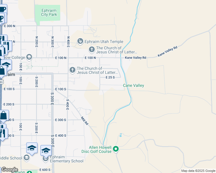 map of restaurants, bars, coffee shops, grocery stores, and more near 724 East 70 South in Ephraim